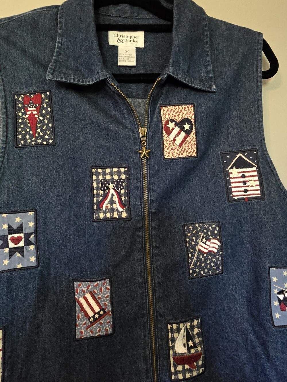 Christopher & Banks Denim Patchwork Vest - Navy Blue with Patriotic Patches,